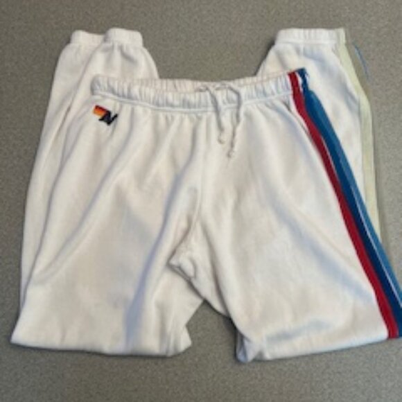Aviator Nation White Sweatpants Rainbow Logo Stripe Detail Joggers Womens Size L - Picture 8 of 9